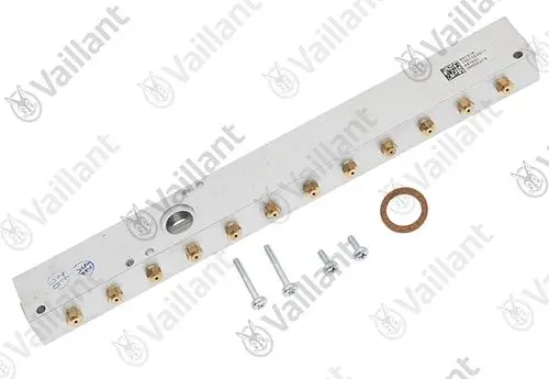 Vaillant Düsenstock mit mehreren Anschlussmöglichkeiten, montiert auf einem Aluminiumprofil, ergänzt durch Schrauben und eine Dichtung.